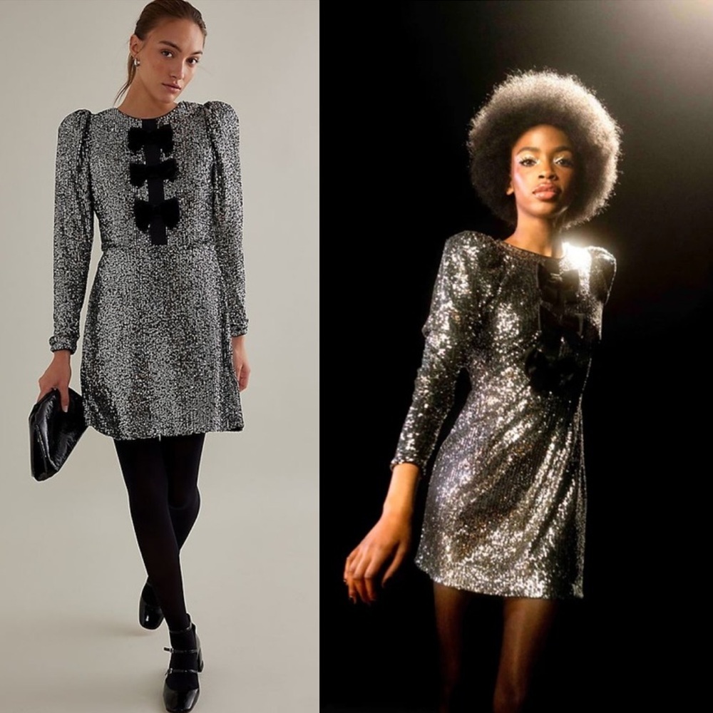 Queens of Archive Sequin Long Sleeve Mini Dress Velvet Bows Size XS